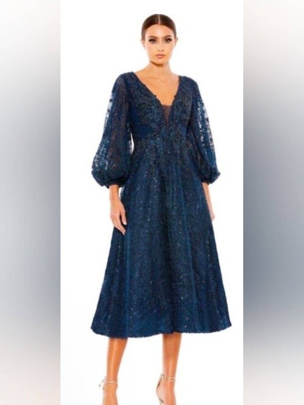 Mac Duggal NWT Navy Lace Plunge Neck A-Line Bishop Sleeve Dress Size 12 #20391